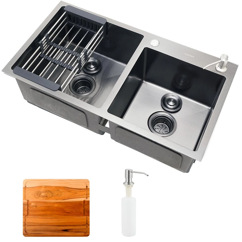 Cuba Para Cozinha Pia Dupla Em Aço Inox Com Acessórios E Tábua De Corte Awá Pingoo.casa - Preto