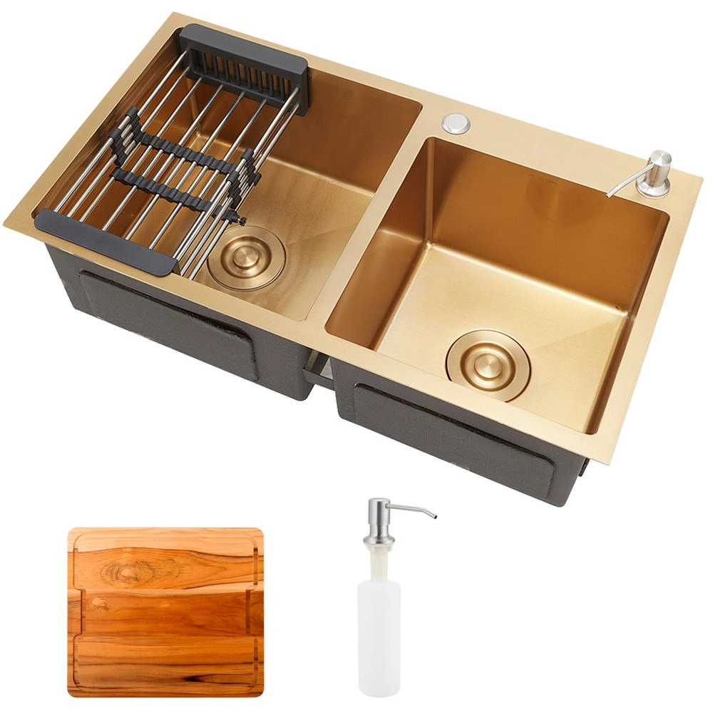 Cuba Para Cozinha Pia Dupla Em Aço Inox Com Acessórios E Tábua De Corte Awá Pingoo.casa - Dourado