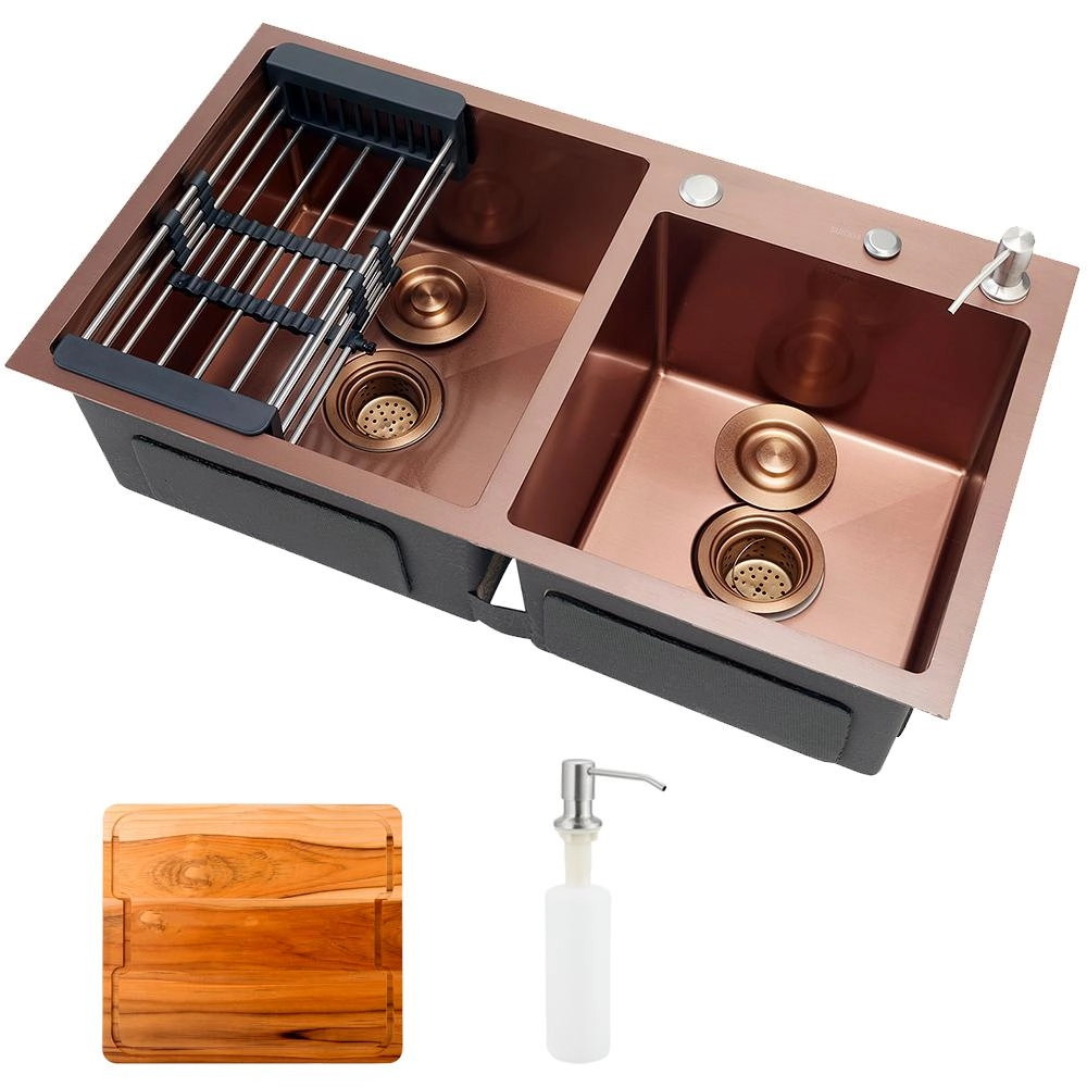 Cuba Para Cozinha Pia Dupla Em Aço Inox Com Acessórios E Tábua De Corte Awá Pingoo.casa - Dourado Rose
