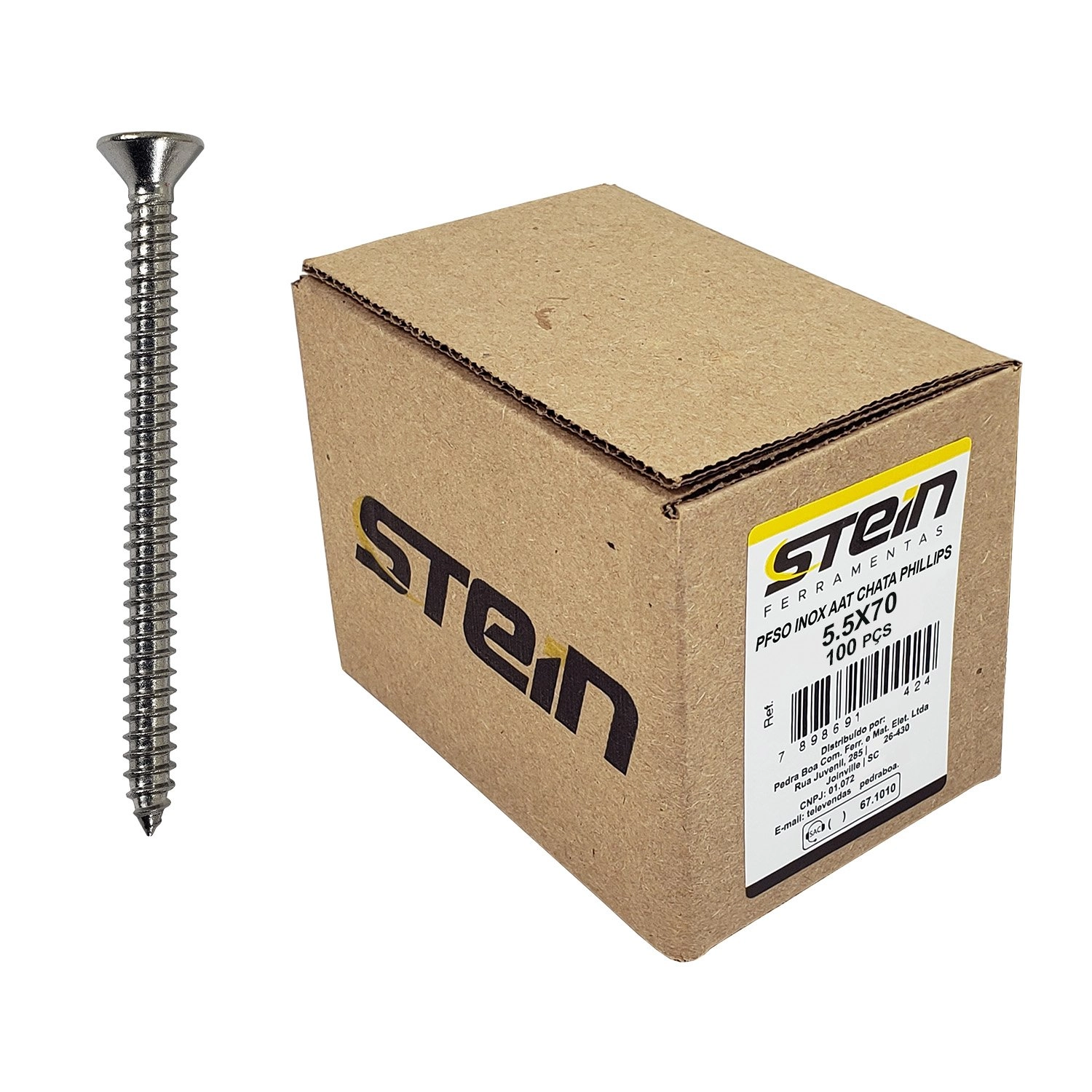 Parafuso Inox Auto Atarraxante Chata Phillips Stein 5,5x70 Caixa Com 100 Peças