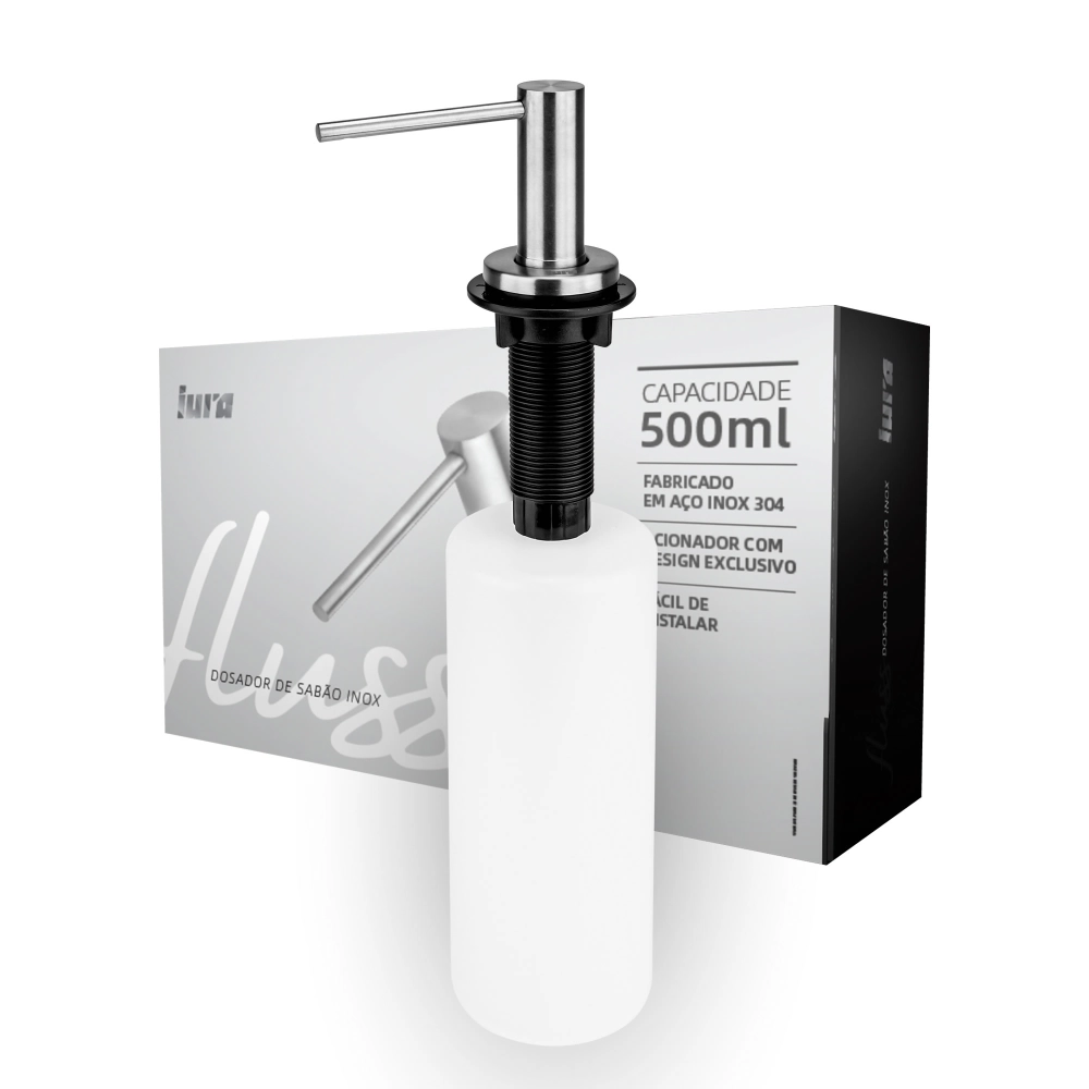 Dispenser Dosador De Sabão Porta Detergente Embutir Iura Fluss Bancada Inox Cromado 500ml