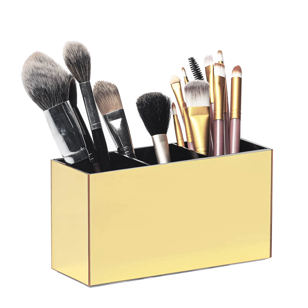 Porta Pincel De Maquiagem Em Acrílico Dourado Com 3 Divisórias