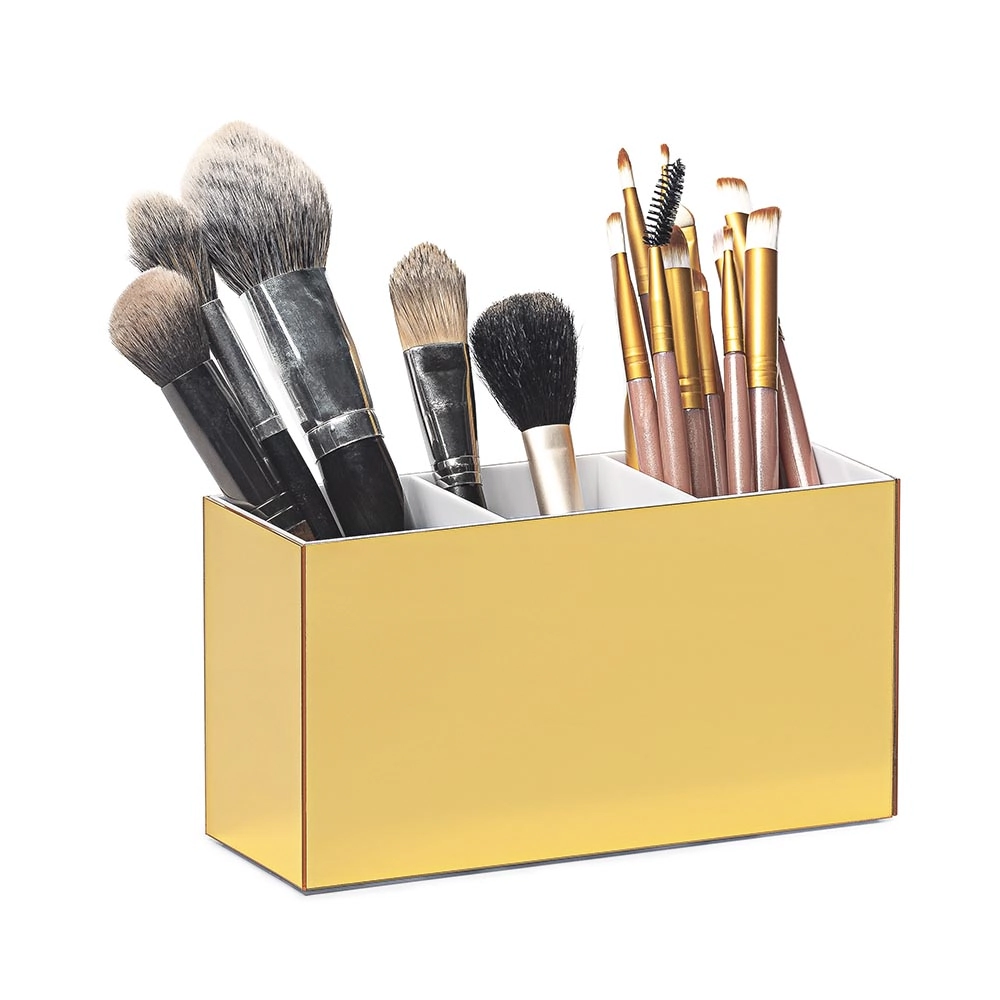 Porta Pincel De Maquiagem Em Acrílico Dourado Com 3 Divisórias
