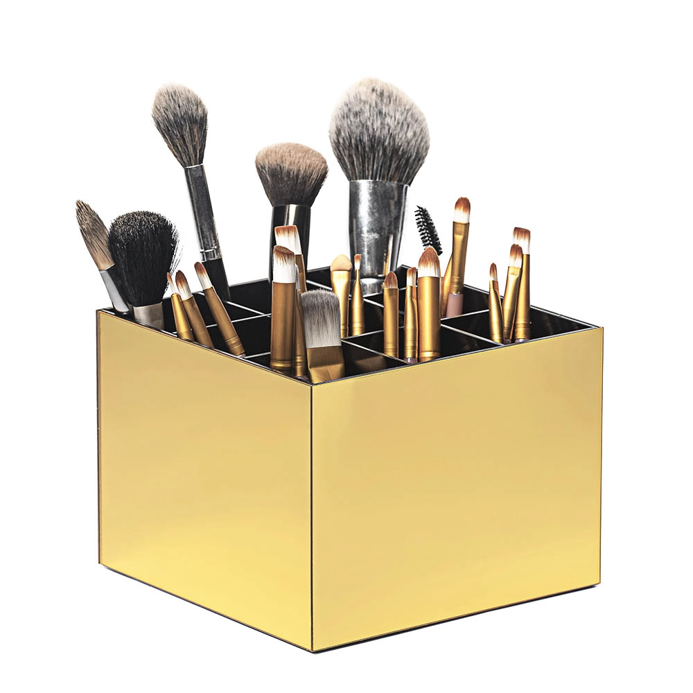 Porta Pincel De Maquiagem Em Acrílico Dourado Com 9 Divisórias