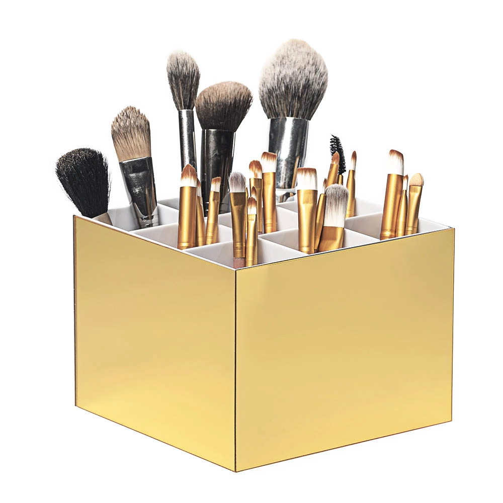 Porta Pincel De Maquiagem Em Acrílico Dourado Com 9 Divisórias