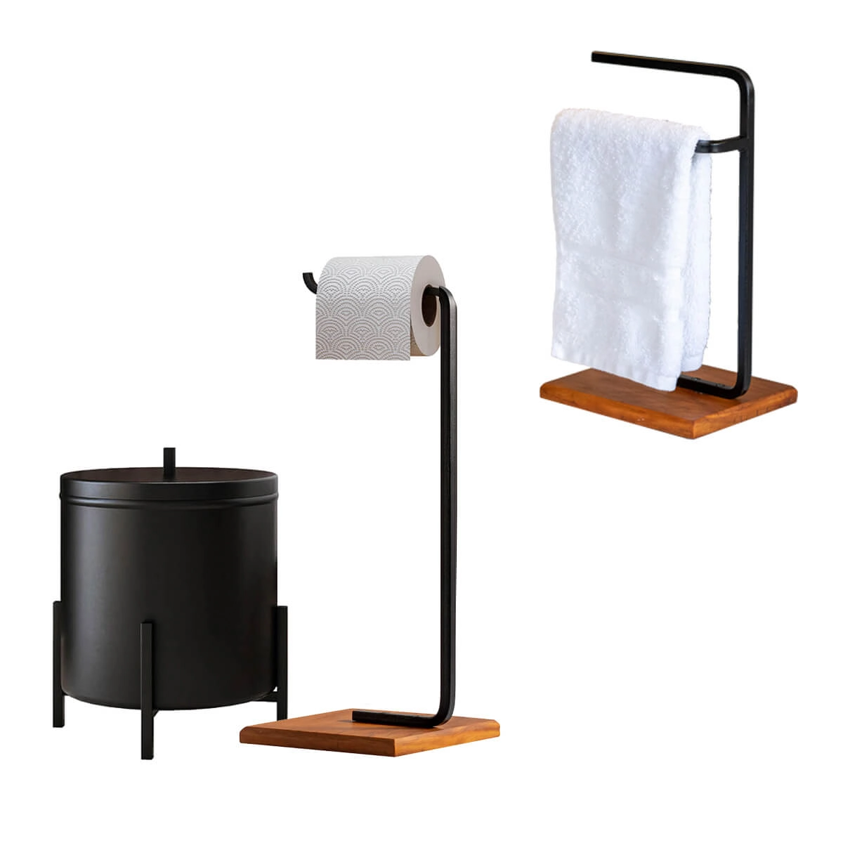 Kit Acessórios Para Banheiro Lixeira Suporte Papel Higiênico E Porta Toalha Duplo Base De Madeira - Édecasamóveis