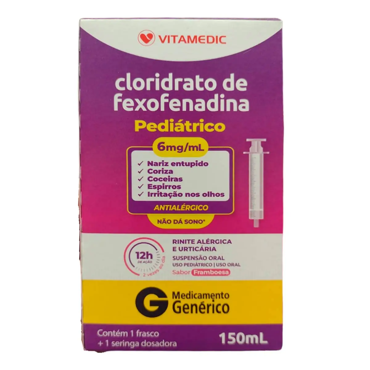 Cloridrato De Fexofenadina 6mg/ml Framboesa Vitamedic Caixa 150ml Suspensão Oral Seringa Dosadora