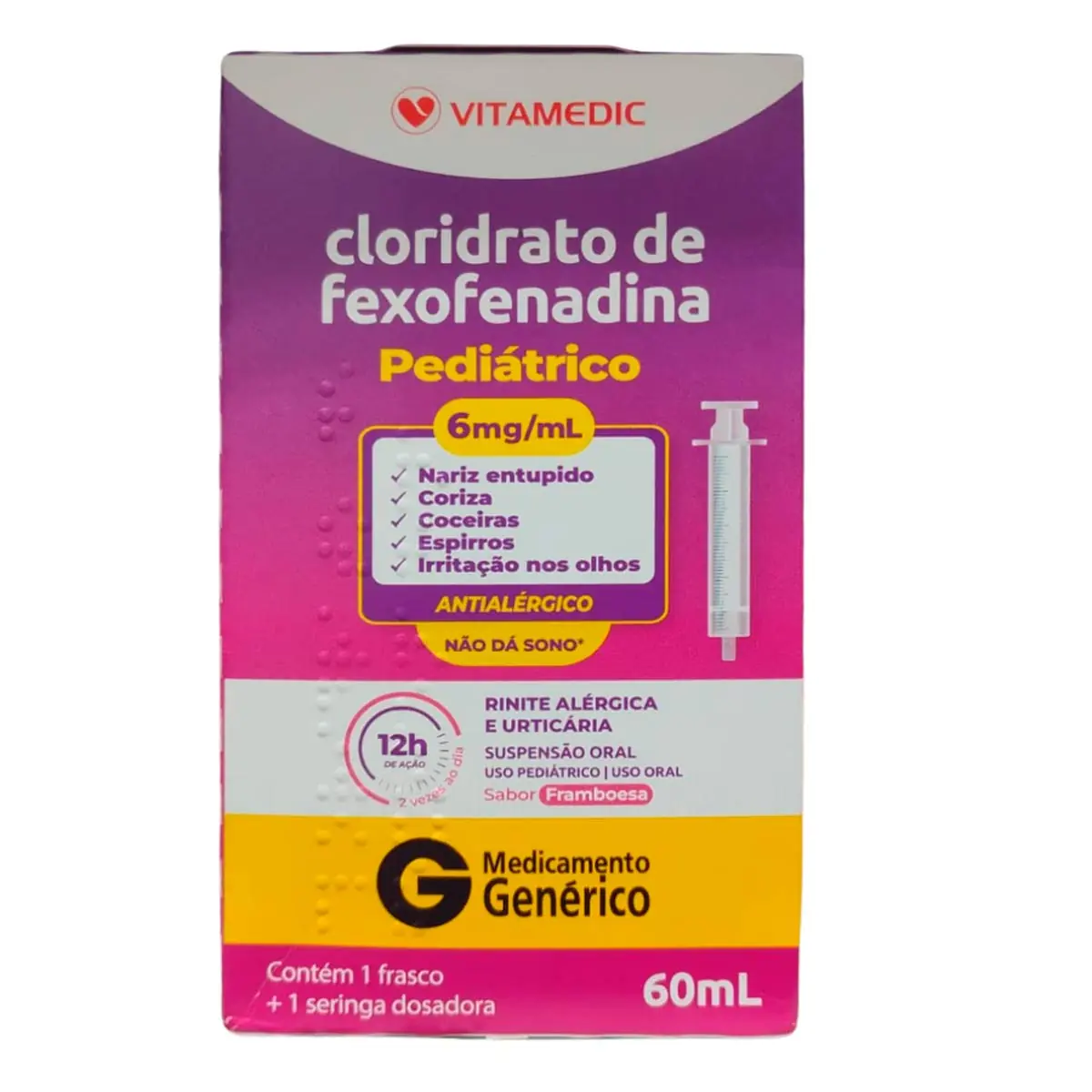 Cloridrato De Fexofenadina 6mg/ml Framboesa Vitamedic Caixa 60ml Suspensão Oral Seringa Dosadora