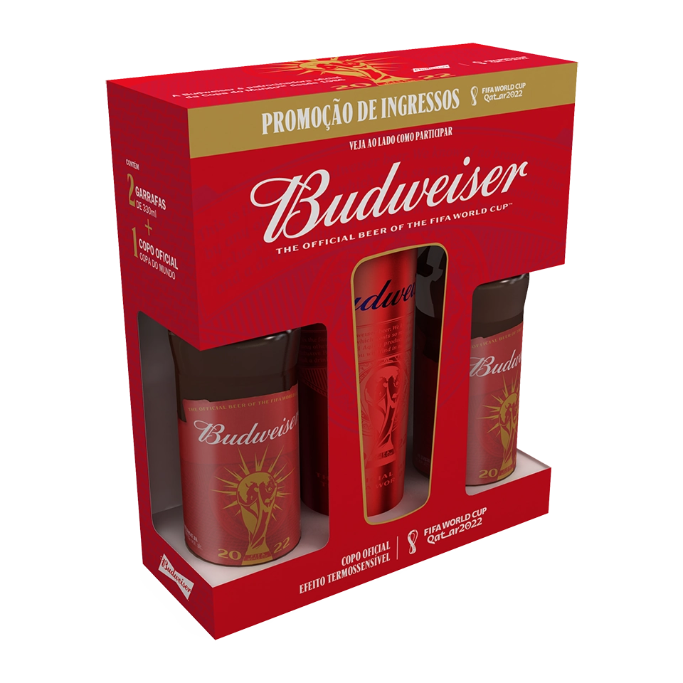 Kit Copo Vermelho Cerveja American Lager Fifa World Cup Qatar 2022 Budweiser 2 Unidades 330ml Cada