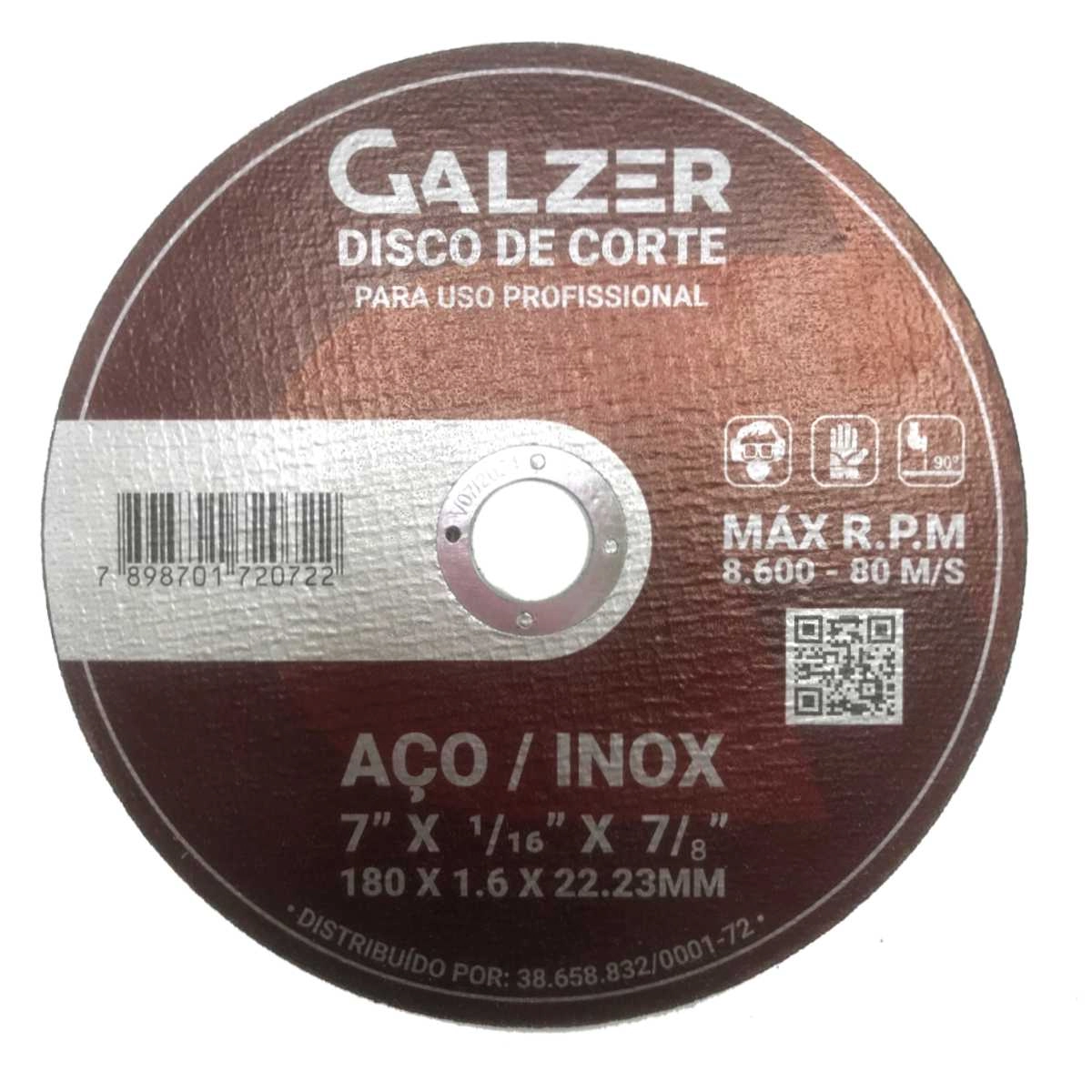 Disco De Corte Para Aço E Aço Inox 7"x 1/16" X 7/8" 180 X 1.6 X 22.23mm - Galzer
