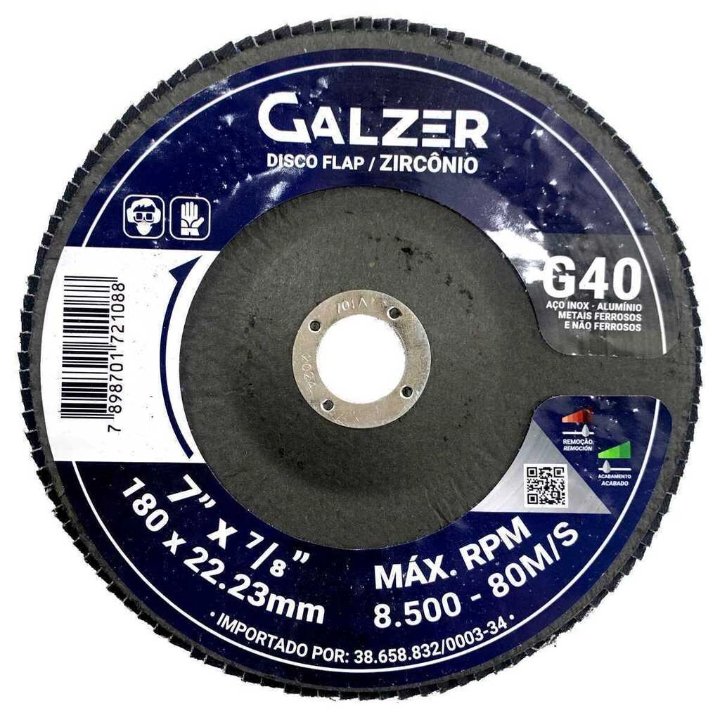 Disco Flap De Zircônio De 7" X 7/8" 180x22,23mm Grão 40 - Galzer