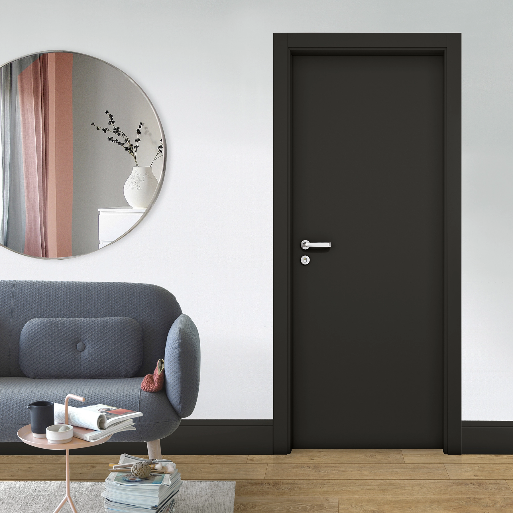 Kit Porta Madeira de Giro Direito|Esquerdo Nero 210x60cm Sarrafeada Batente 12 a 19,5cm Lacca Touch Concrem Wood