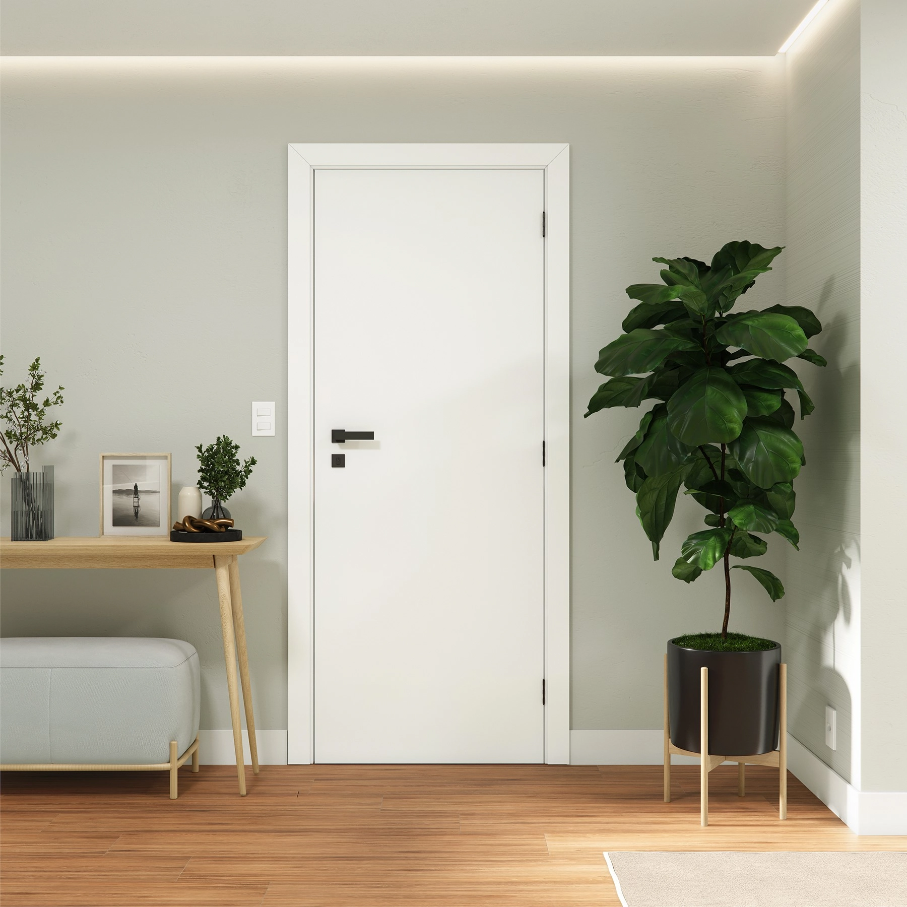 Kit Porta Madeira de Giro Esquerdo Branco 210x70cm Sarrafeada com Batente Regulável 8,5 a 16cm Vivace UV Lisa Artens