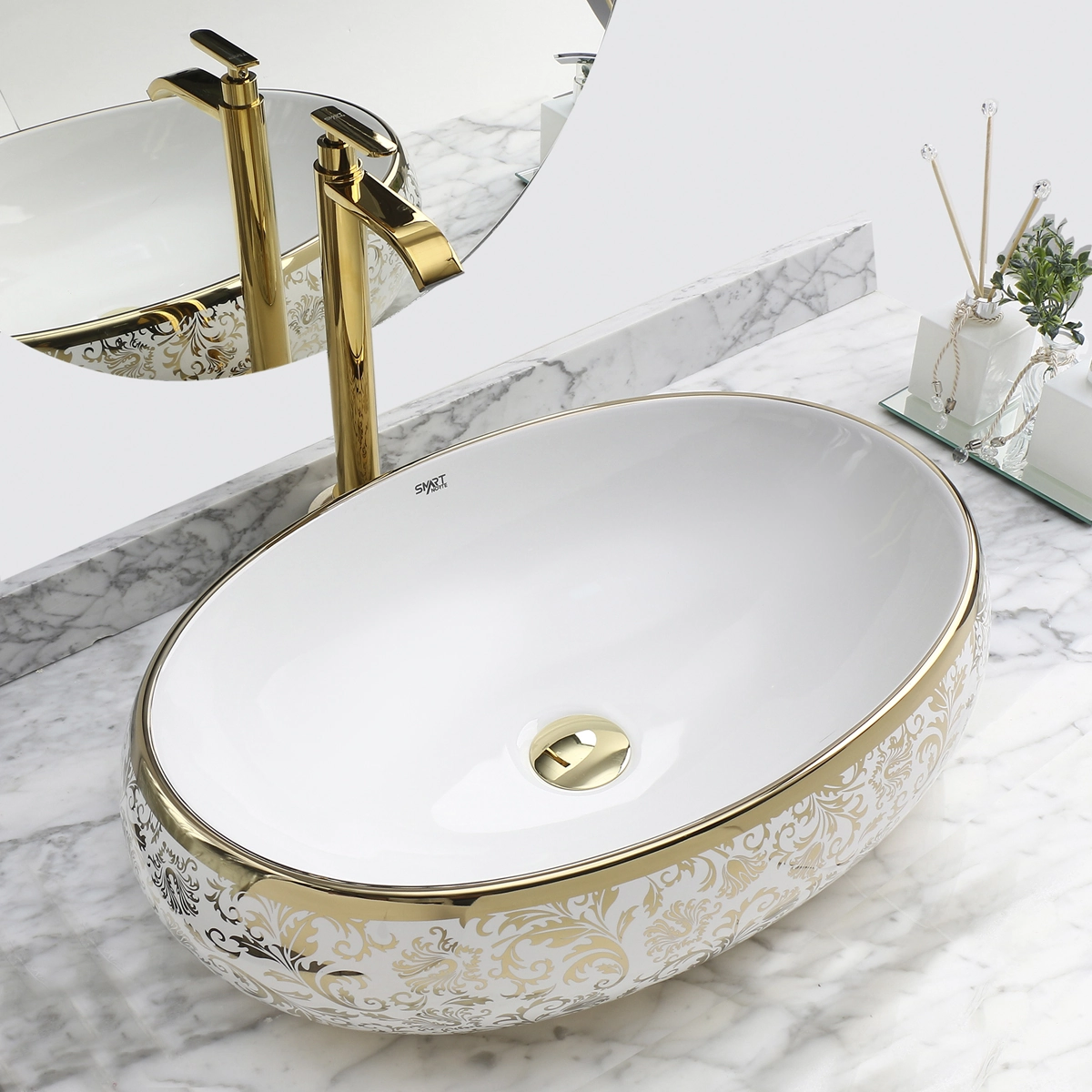 Cuba Dourada Oval Luxo Lavabo Banheiro 62x42cm