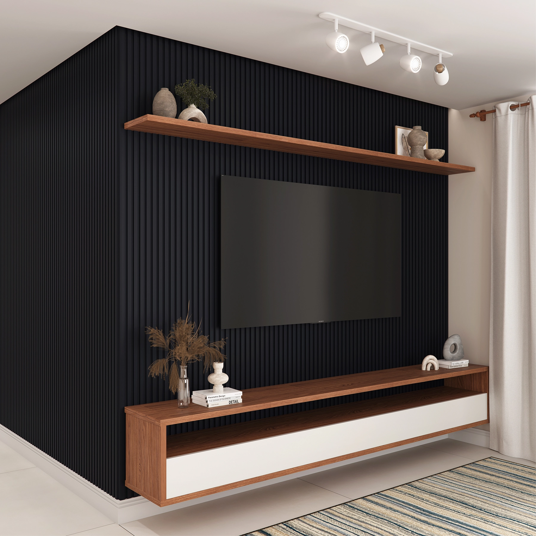 Painel Ripado de Madeira MDF 1,2mm Preto 3,4x270cm Premium Moldurama 6 Peças