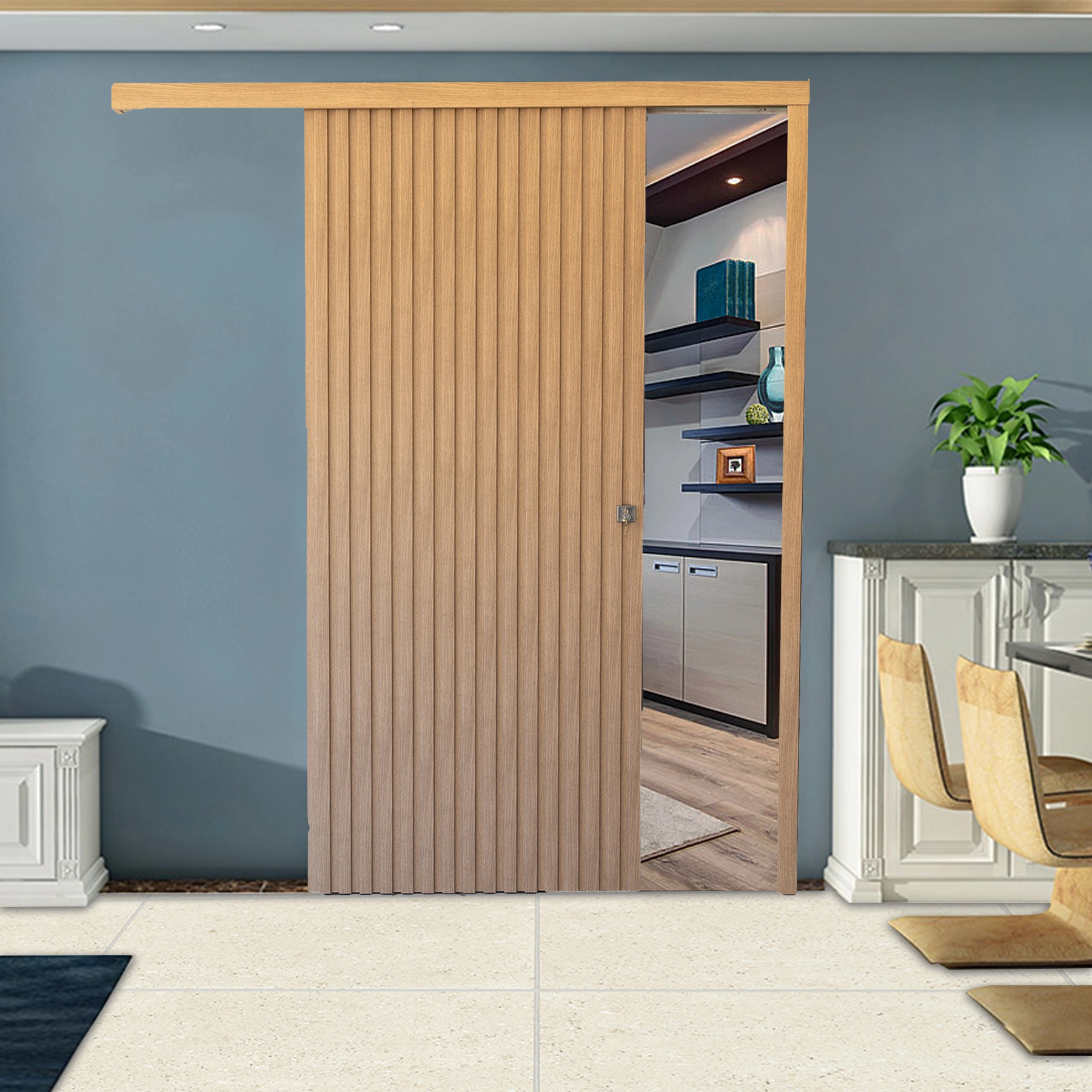 Kit Porta Madeira de Correr Direito|Esquerdo Marfim 210x82cm Sarrafeada com Batente  com Fechadura Moldurama
