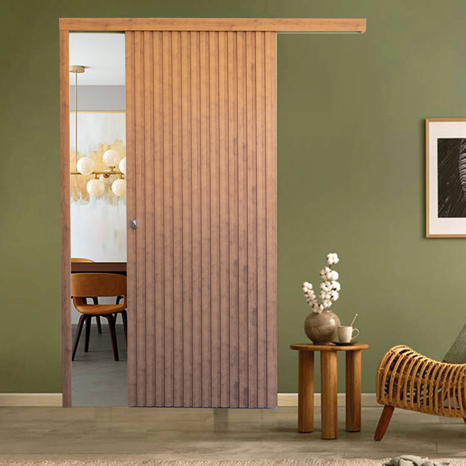 Kit Porta Madeira de Correr Direito|Esquerdo Carvalho York 210x82cm Sarrafeada Batente  com Fechadura Moldurama