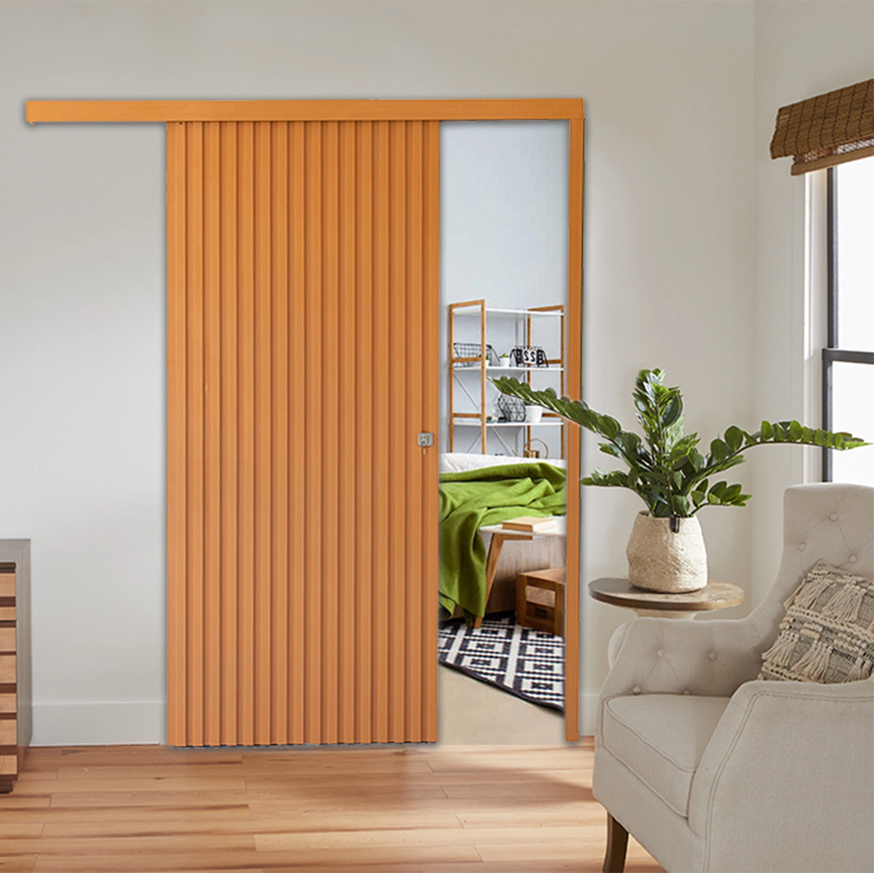 Kit Porta Madeira de Correr Direito|Esquerdo Curupixá 210x82cm Sarrafeada com Batente  com Fechadura Moldurama