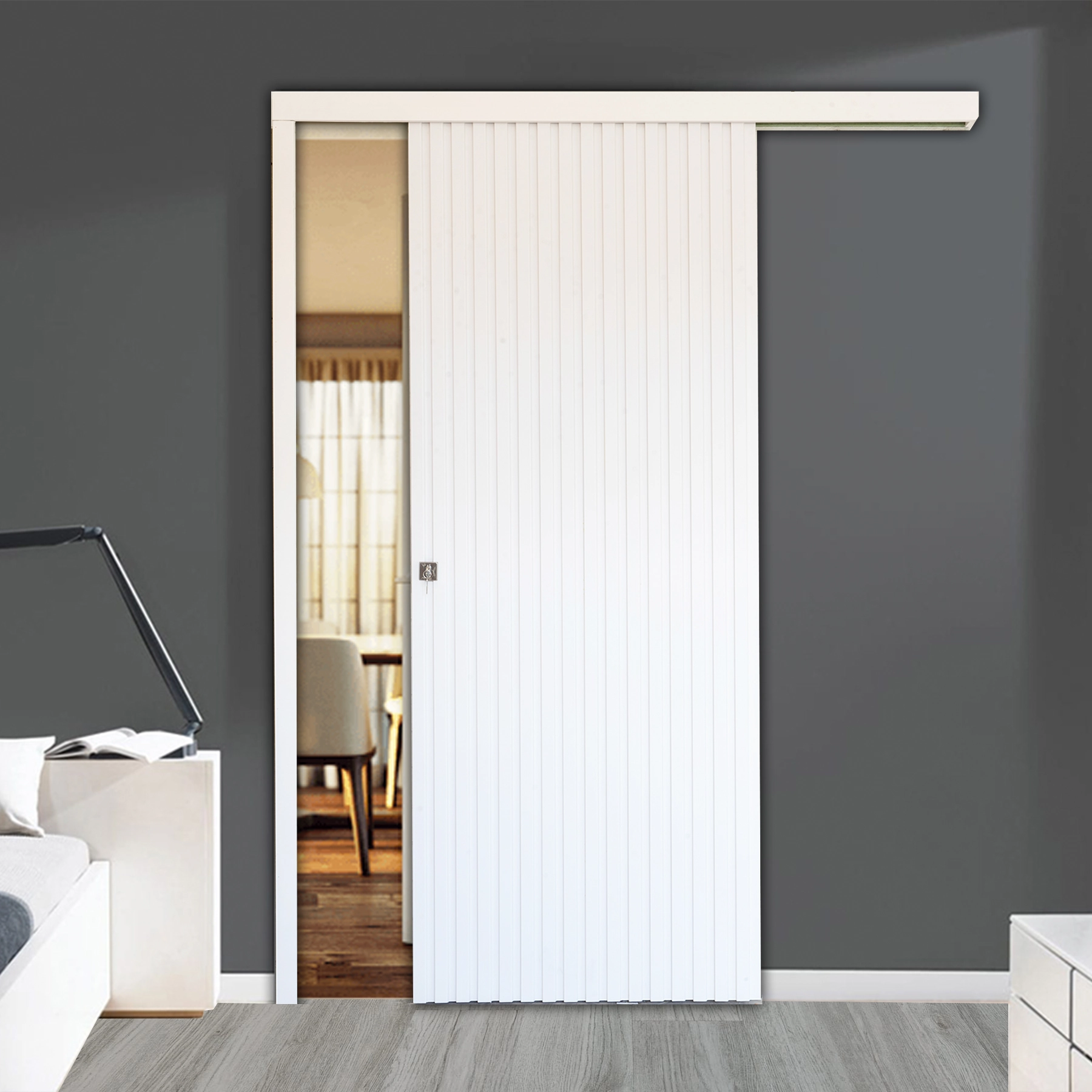 Kit Porta Madeira de Correr Direito|Esquerdo Branco 210x82cm Sarrafeada com Batente  com Fechadura Moldurama