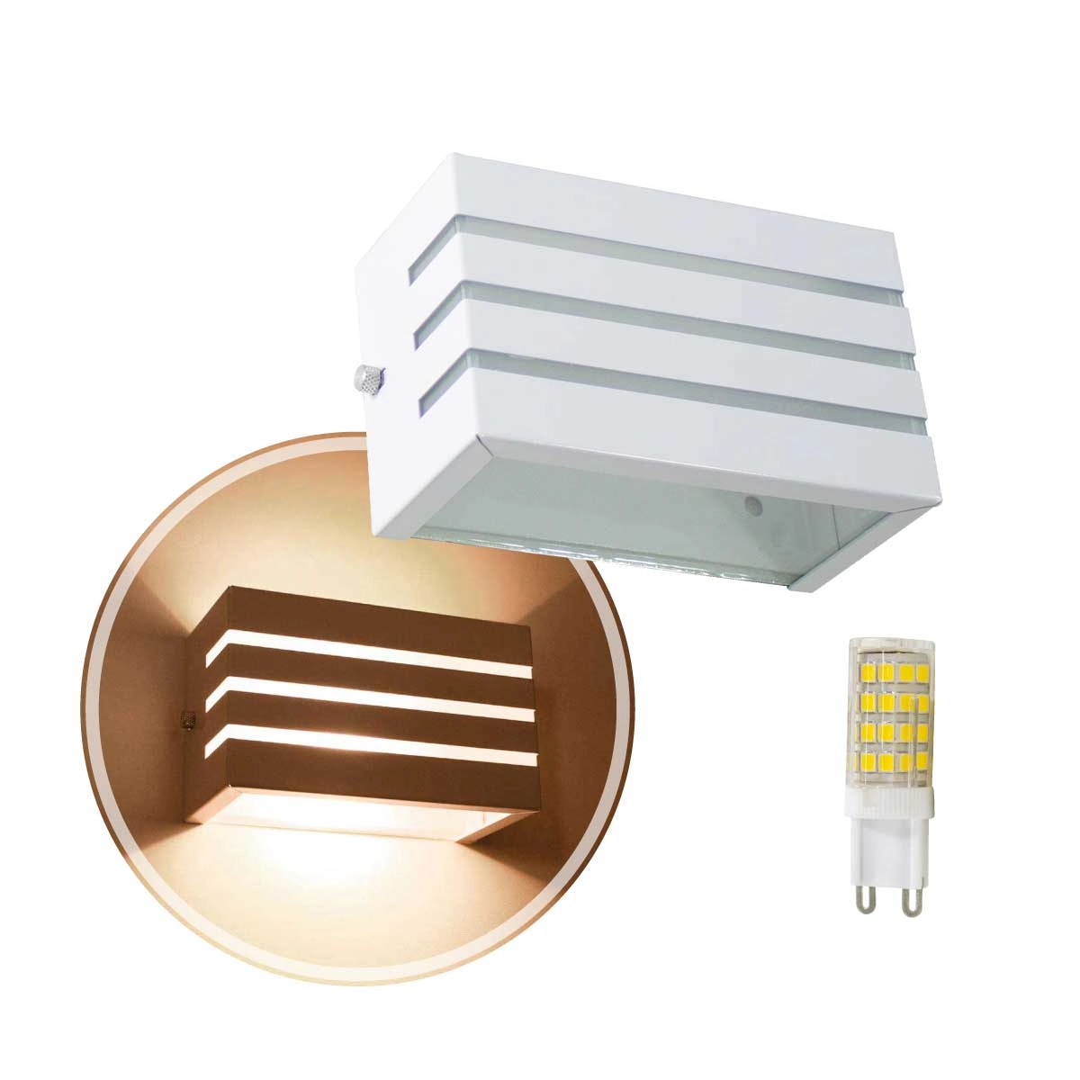 3x Arandela Frisada Retangular Branca + 3 Led G9 5w Branco Quente St548