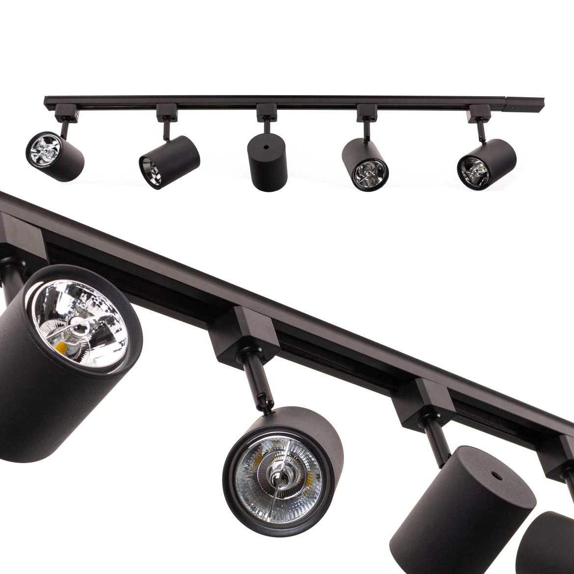 Trilho Eletrificado 1m + 5x Spot Preto + 5x Led Ar70 Branco Frio St2308