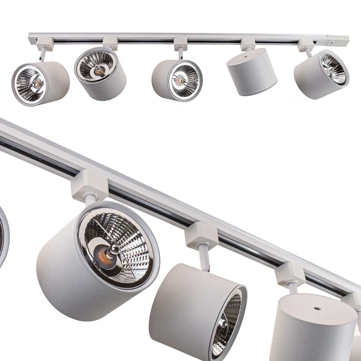 Trilho Eletrificado 1m + 5 Spot Branco + 5 Led Ar111 Branco Quente St2305