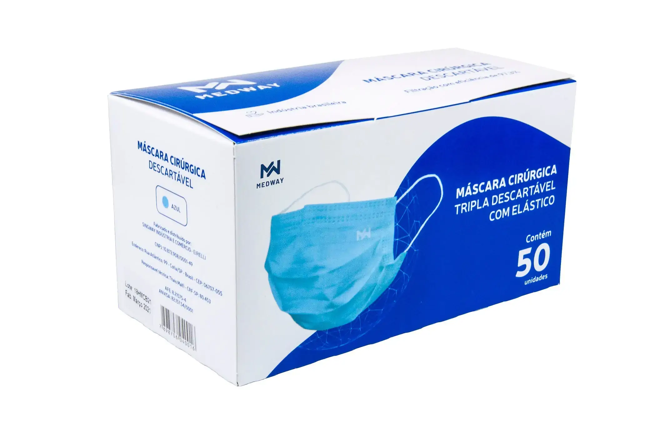 Mascara Cirurg Medway Tripla Azul 50un