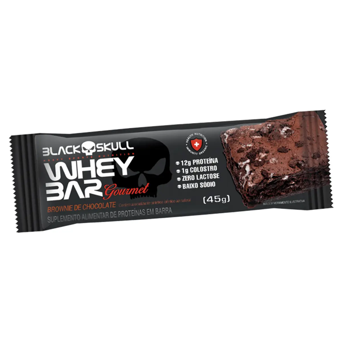 Barra De Proteína Brownie De Chocolate Zero Lactose Black Skull Whey Bar Gourmet Pacote 45g