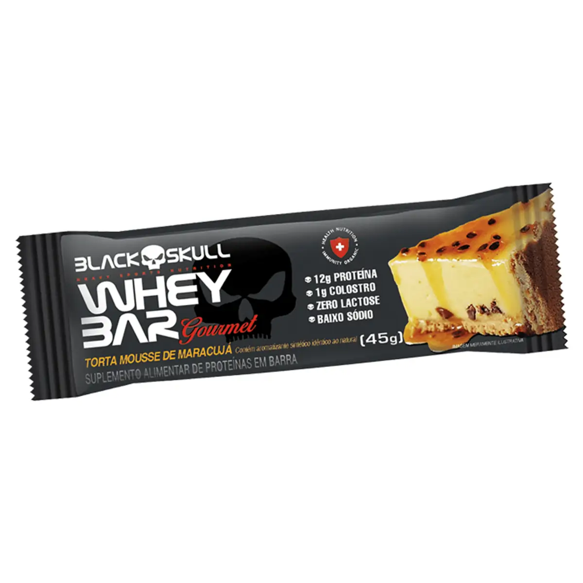 Barra De Proteína Torta Mousse De Maracujá Zero Lactose Black Skull Whey Bar Gourmet Pacote 45g