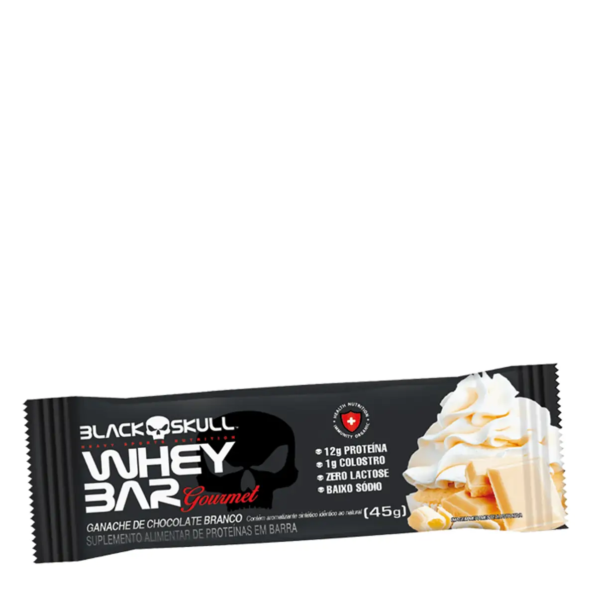 Barra De Proteína Ganache De Chocolate Branco Zero Lactose Black Skull Whey Bar Gourmet Pacote 45g