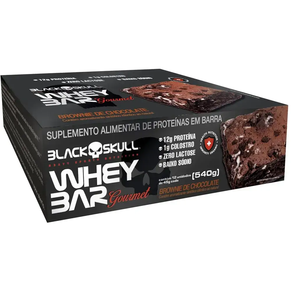 Barra De Proteína Brownie De Chocolate Zero Lactose Black Skull Whey Bar Gourmet Caixa 540g 12 Unida