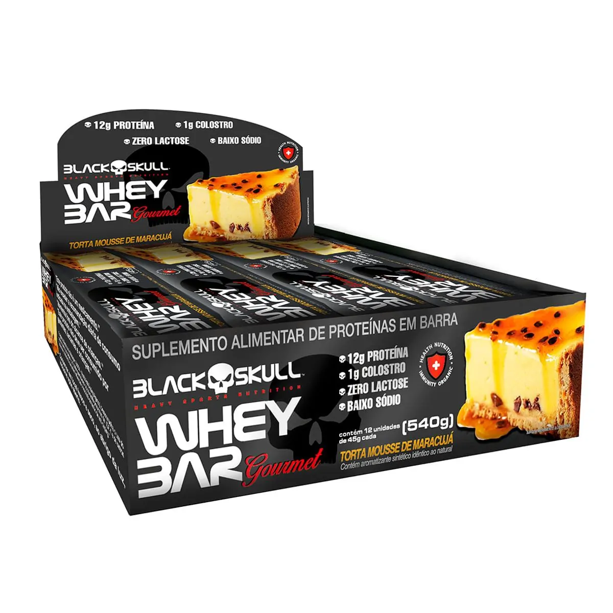 Barra De Proteína Torta Mousse De Maracujá Zero Lactose Black Skull Whey Bar Gourmet Caixa 540g 12 U