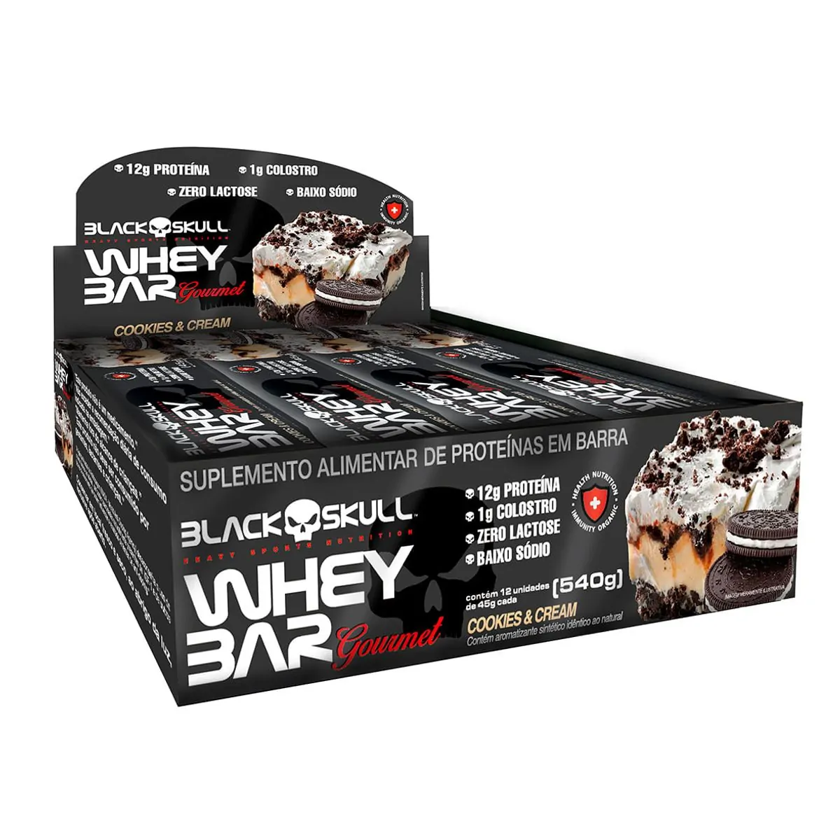 Barra De Proteína Cookies Cream Zero Lactose Black Skull Whey Bar Gourmet Caixa 540g 12 Unidades