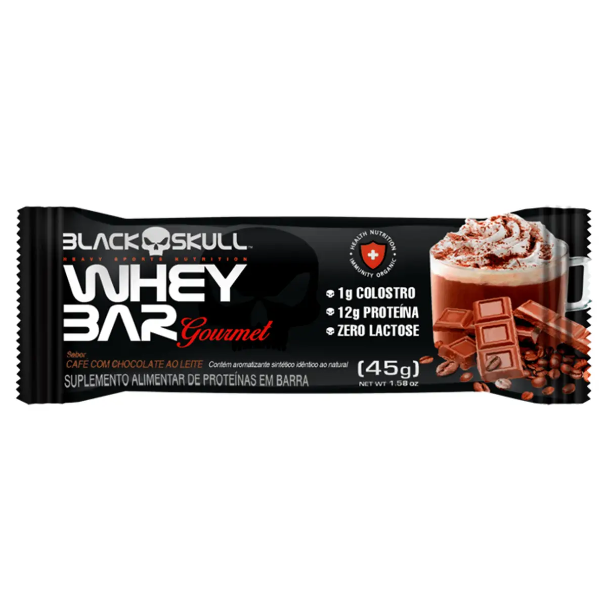 Barra De Proteína Café Com Chocolate Ao Leite Zero Lactose Black Skull Whey Bar Gourmet Pacote 45g