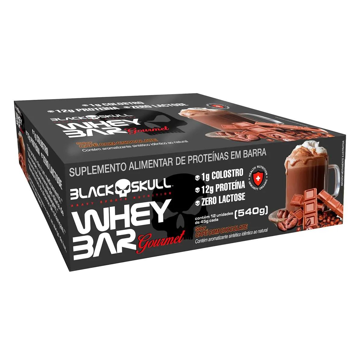 Barra De Proteína Café Com Chocolate Zero Lactose Black Skull Whey Bar Gourmet Caixa 540g 12 Unidade