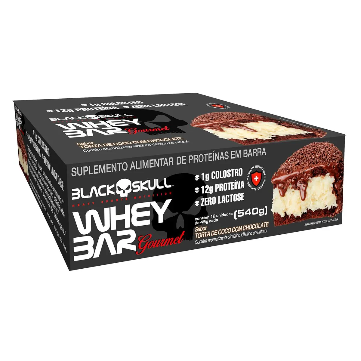 Barra De Proteína Torta De Coco Com Chocolate Zero Lactose Black Skull Whey Bar Gourmet Caixa 540g 1