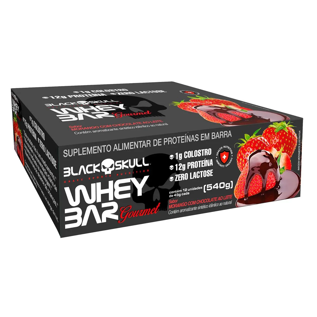 Barra De Proteína Morango Com Chocolate Ao Leite Zero Lactose Black Skull Whey Bar Gourmet Caixa 540