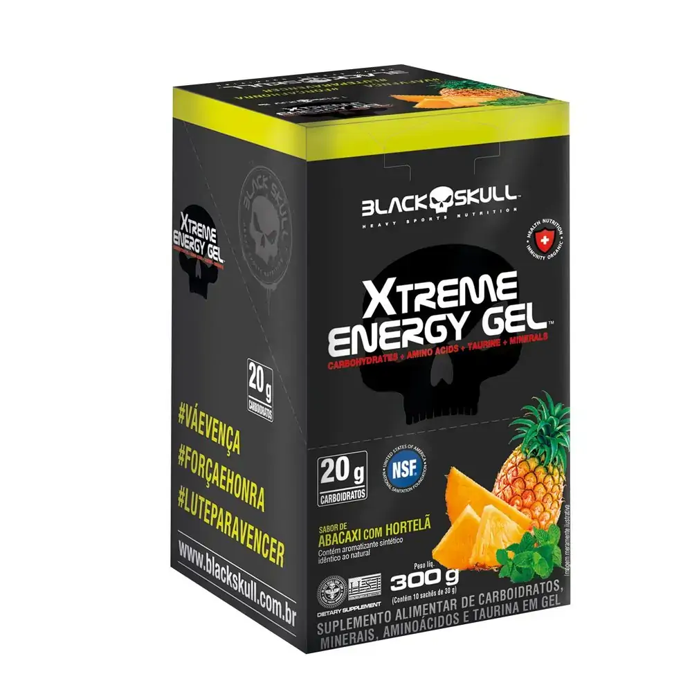 Xtreme Energy Gel Sabor De Abacaxi Com Hortelã Black Skull 10 Saches Com 30g Cada