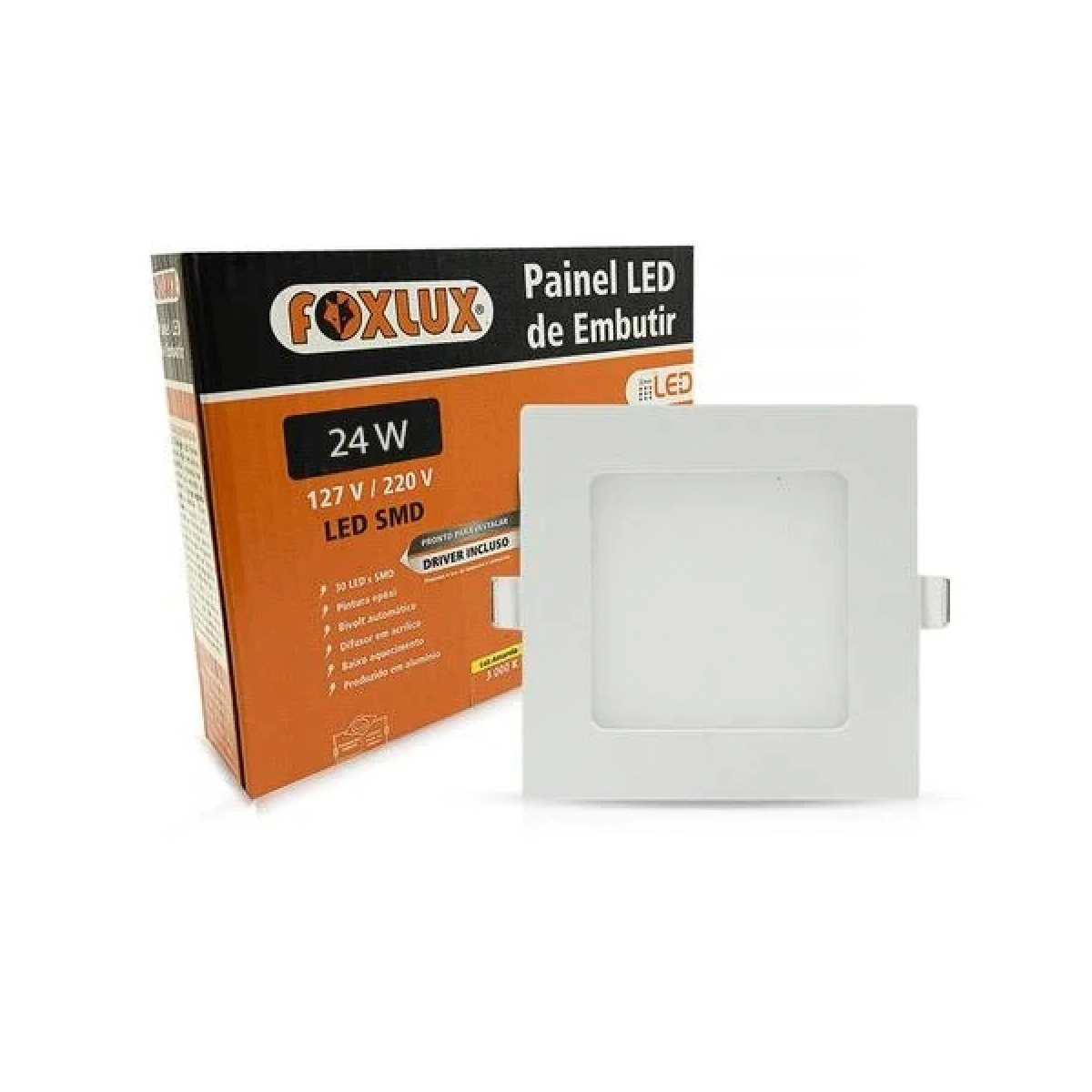 Painel Led Foxlux Quadrado Embutir 24w 3000k Bivolt Branco