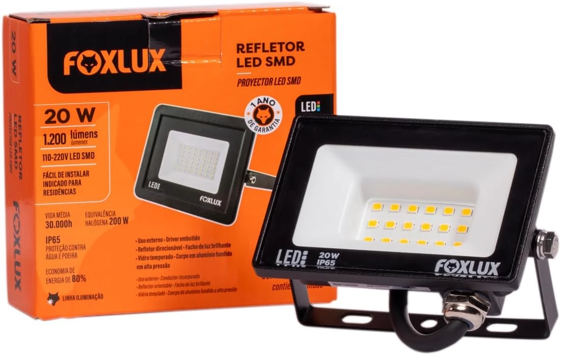 Refletor Led Foxlux 20w 3000k Bivolt Preto