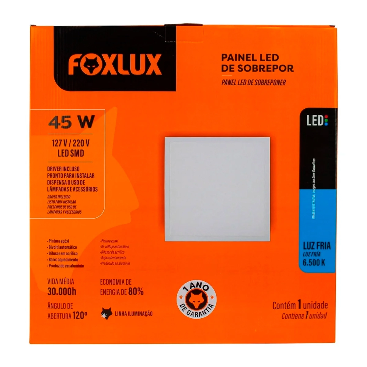 Painel Led Foxlux Quadrado Sobrepor 45w 6500k Bivolt Branco