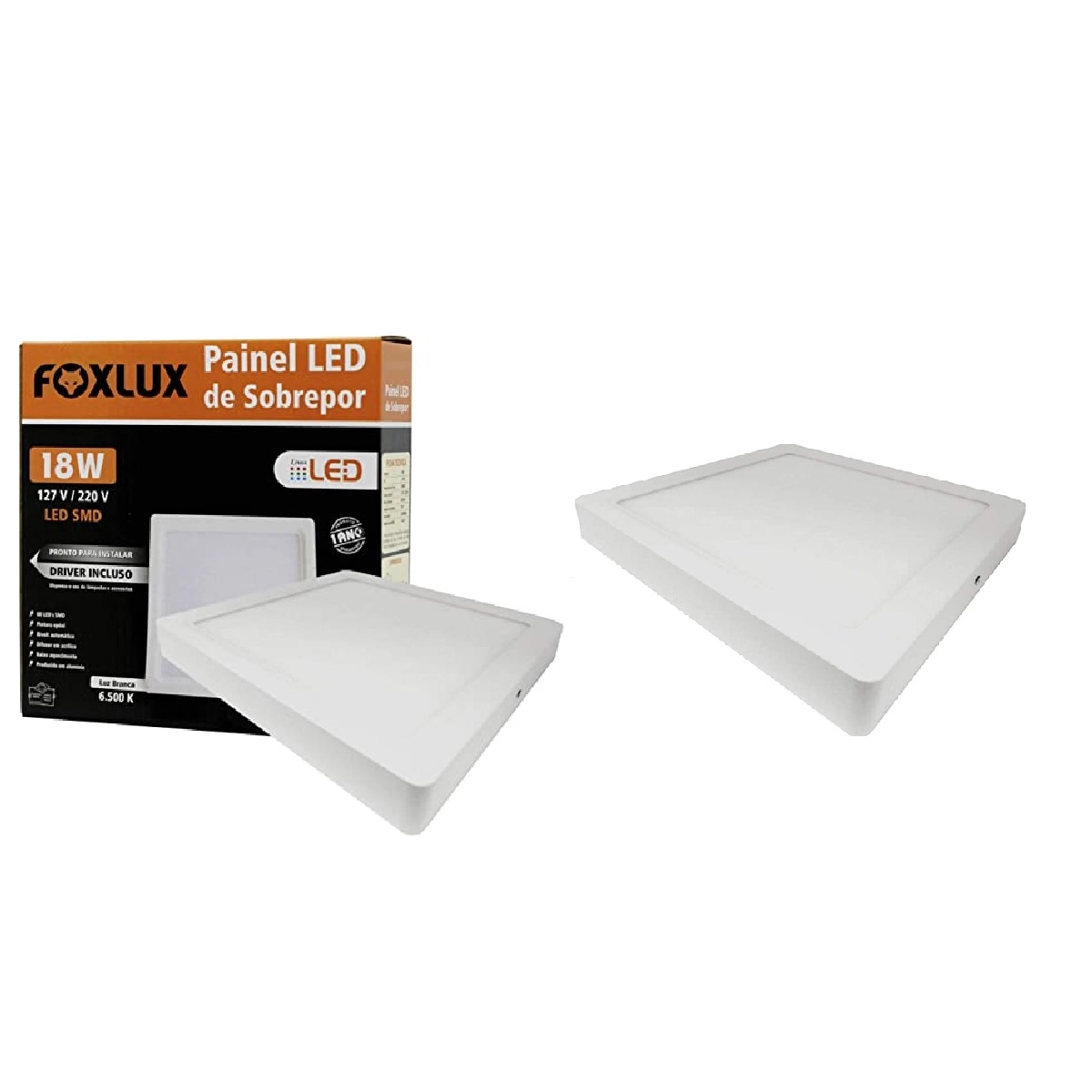 Kit 2 Painel Led Foxlux Quadrado Sobrepor 18w 6500k Biv
