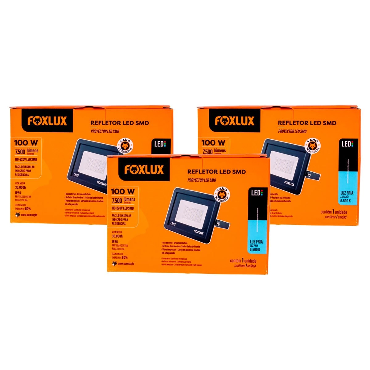 Kit 3 Refletor Led Foxlux 100w 6500k Bivolt