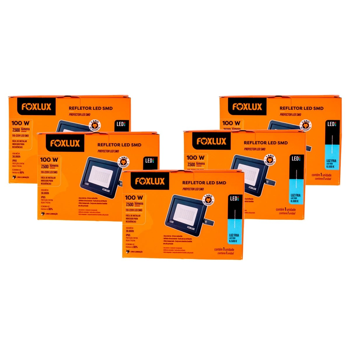Kit 5 Refletor Led Foxlux 100w 6500k Bivolt