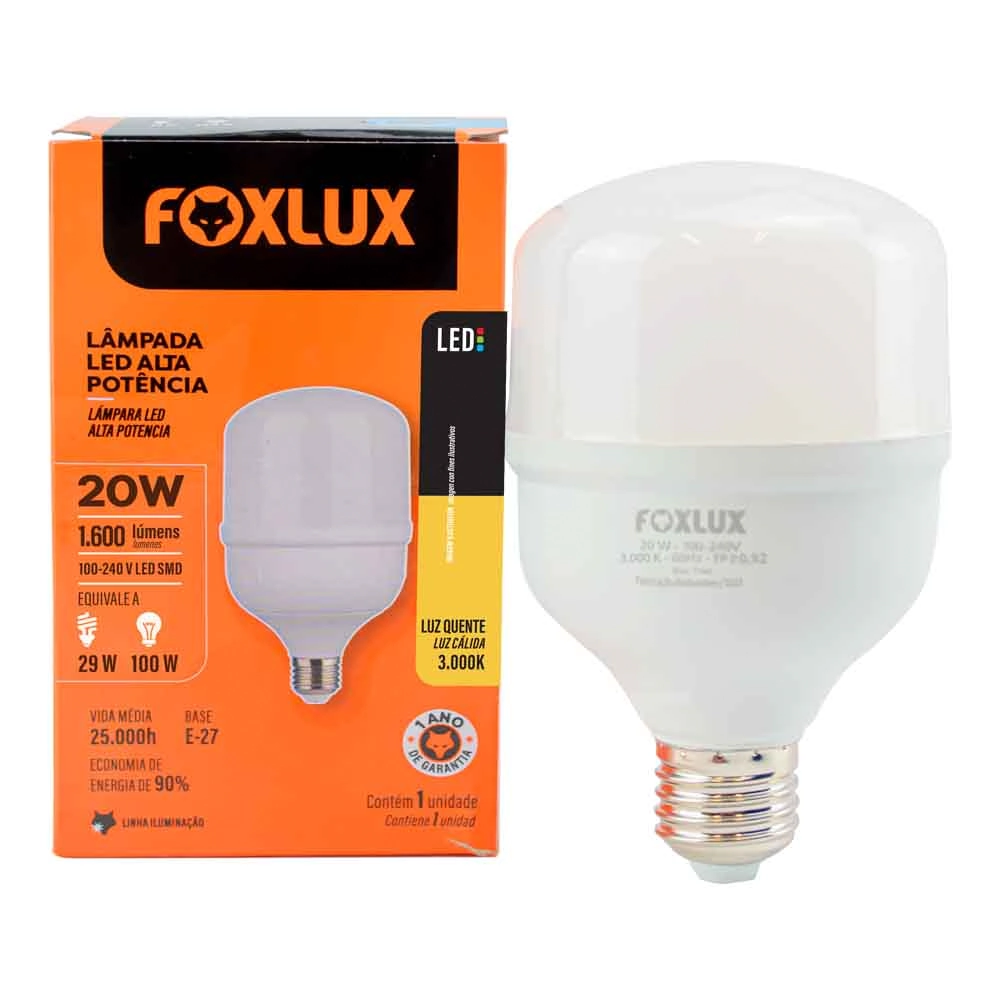 Lâmpada Led Alta Potência Foxlux 20w 3000k Branca Quente 1600lm E-27 Bivolt