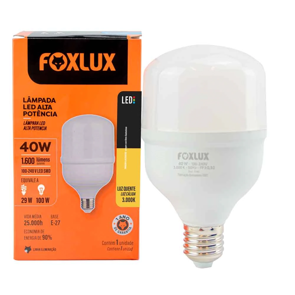 Lâmpada Led De Alta Potência Foxlux E-27 40w 3000k Bivolt