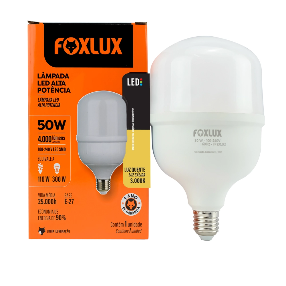 Lâmpada Led De Alta Potência Foxlux E-27 50w 3000k Bivolt