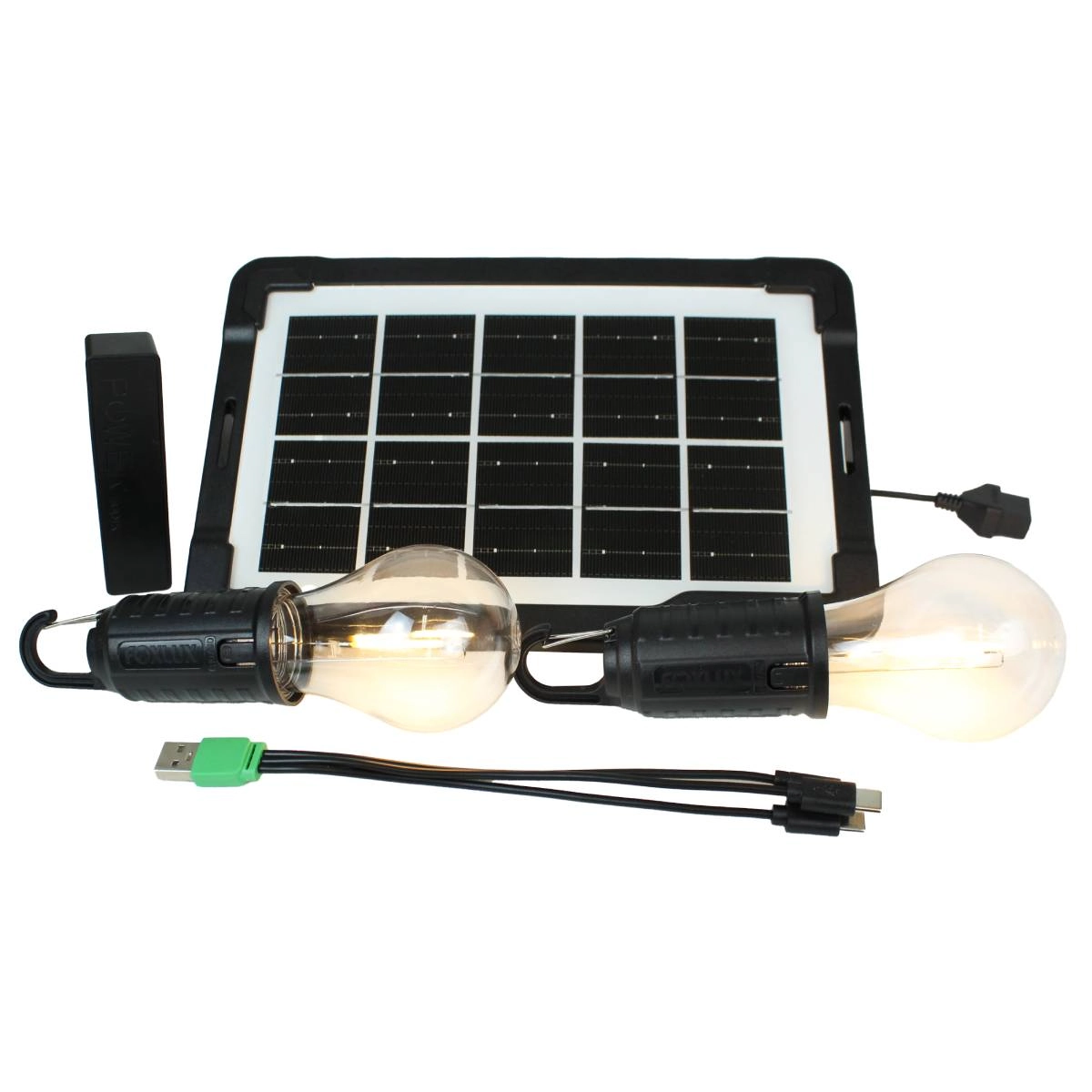 Kit LED Solar Portátil Foxlux com Painel Solar e 2 Lâmpadas LED
