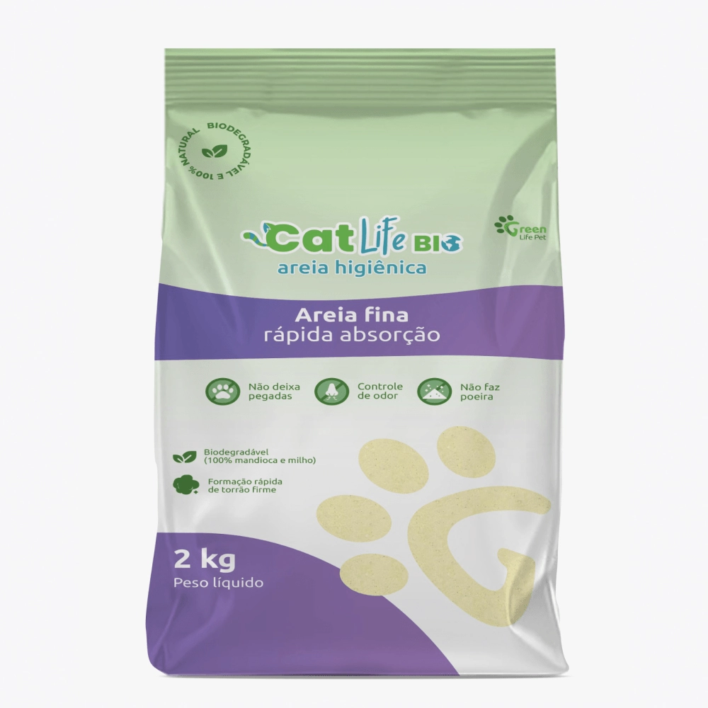 Areia Higiênica Para Gatos Cat Life Bio Grãos Finos Green Life 2kg