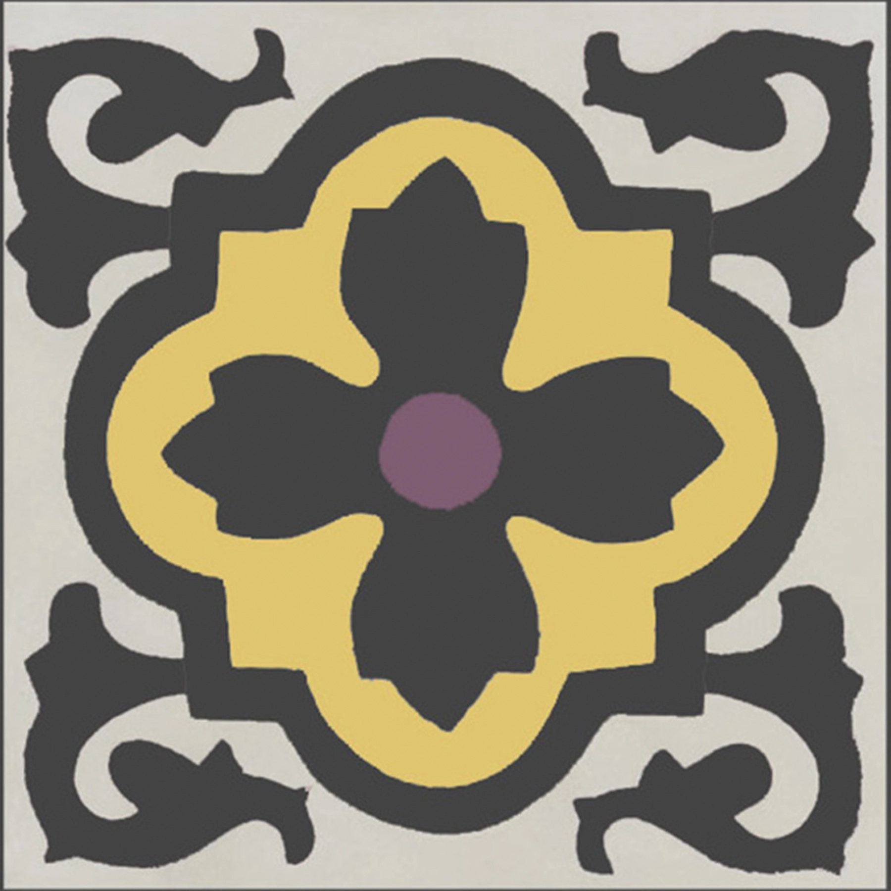 Ladrilho Hidráulico Quadrado Kalanchoe Preto, Amarelo e Roxo 20x20cm Oficina Yby